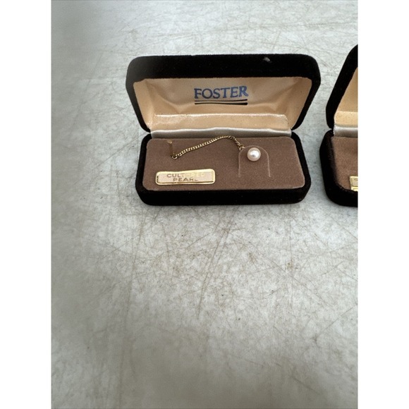 Foster Cultured Pearl Tie Pin Genuine Stone Pin Set Of Two In Box - Picture 3 of 6